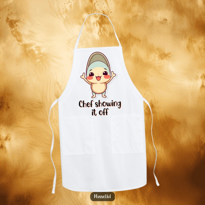 Funny mussel apron with a character in a proud, silly pose with its shell open, ideal for kitchen confidence.