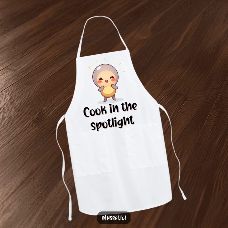 Funny Mussel Chef Apron: A mussel character dramatically posing under a spotlight, bringing humorous star quality to the kitchen.
