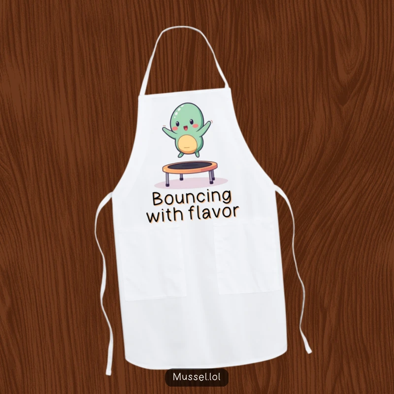 Funny mussel character bouncing on a trampoline while wearing a kitchen apron.