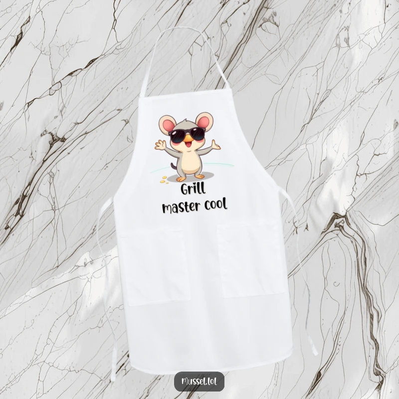 Funny mussel wearing sunglasses, posing coolly on a beach, on a durable apron, perfect for sunny kitchen sessions.