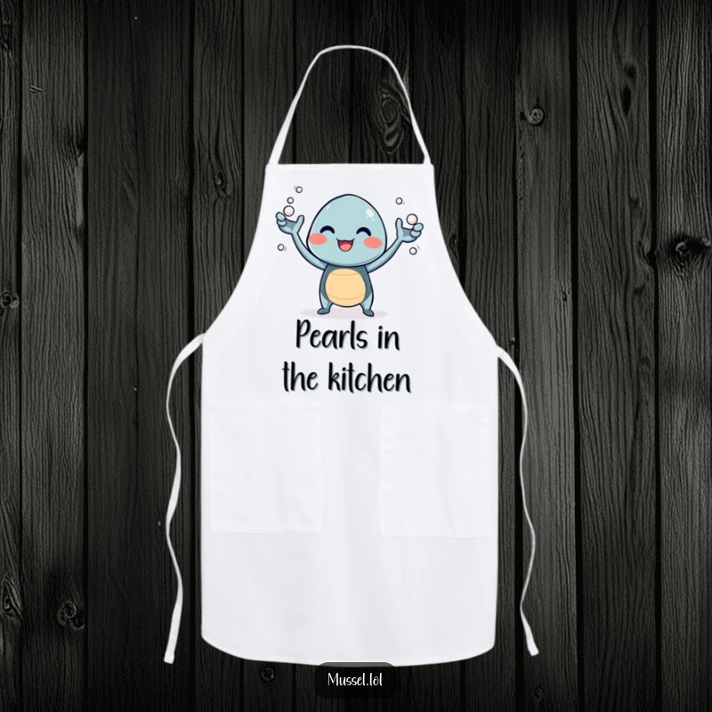 Funny apron showcasing a giggling mussel character juggling tiny pearls, ready for playful kitchen activities.