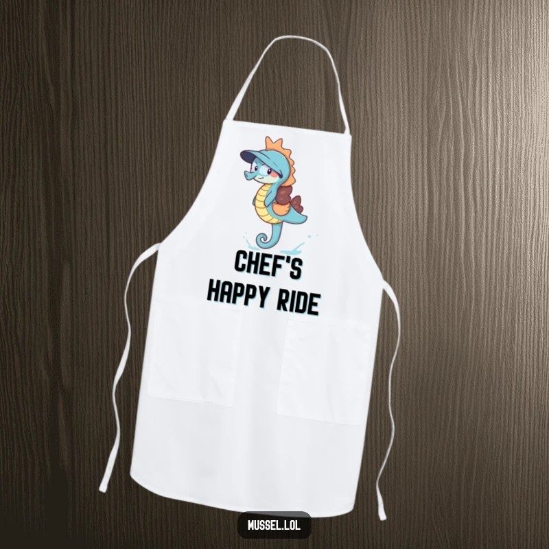 Funny Giggling Mussel Apron showing a mussel giggling while riding a friendly blue seahorse, perfect for adding fun to cooking and baking.