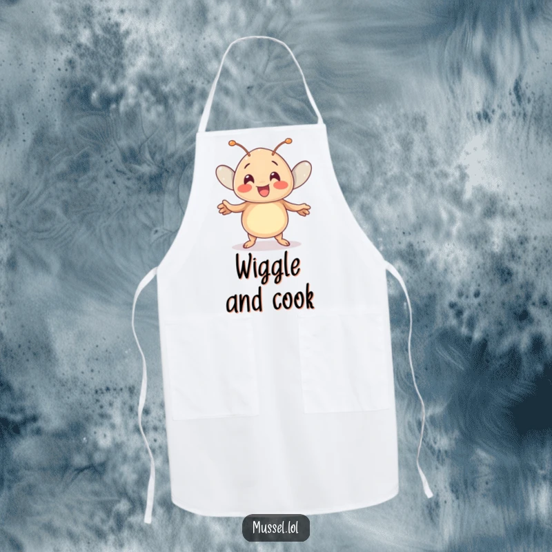 Funny Kawaii Mussel Apron: A cute mussel character does a joyful dance, making this a humorous and functional kitchen accessory.