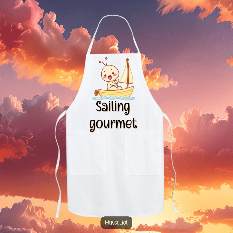 Funny Kawaii Mussel Apron: Hilarious kitchen wear with a mussel sailing a tiny boat, giggling with kitchen-related glee.