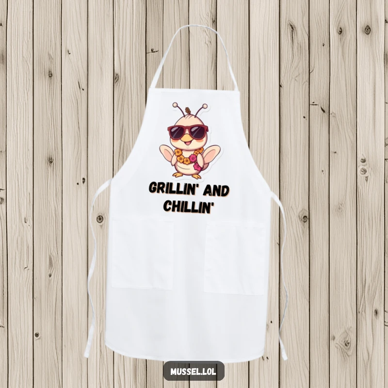 Funny Kawaii Mussel Apron: Hilarious kitchen wear with a mussel sporting sunglasses and a lei, ready for a funny, tropical cooking session.