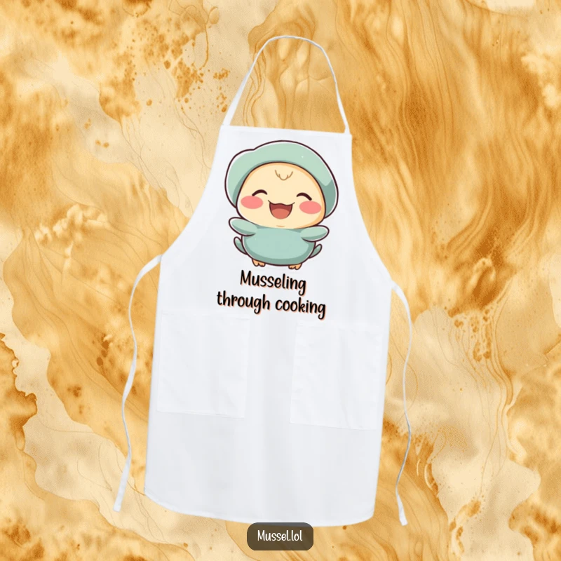 Funny mussel character laughing heartily while wearing a kitchen apron.