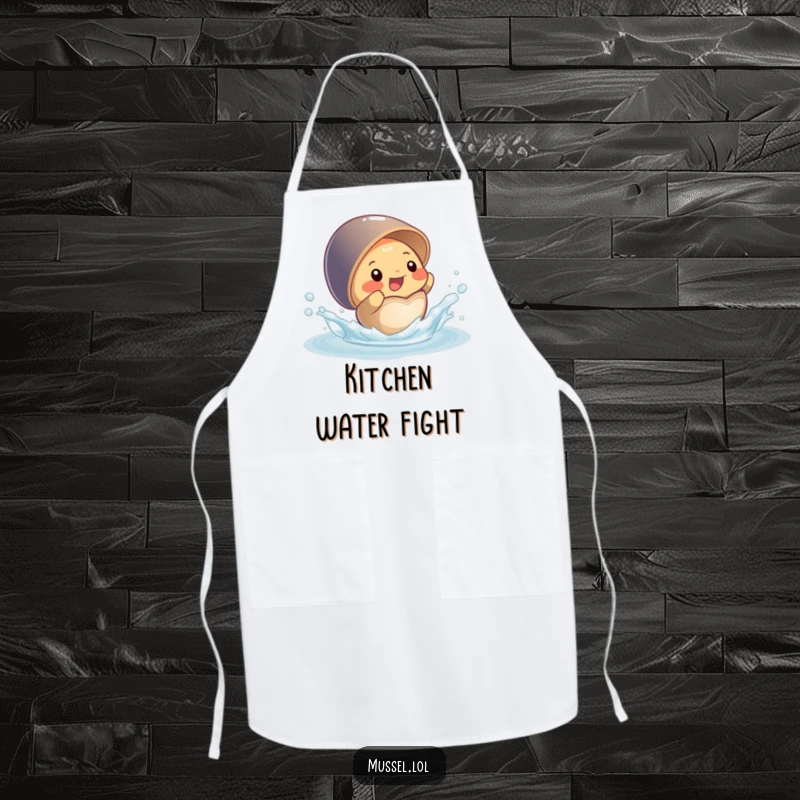 Funny apron depicting a happy mussel character splashing water from its open shell, a humorous and functional kitchen accessory.