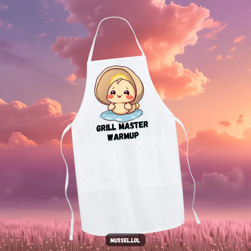 Funny apron depicting a happy mussel character enjoying sunlight on its shell, a humorous and functional kitchen accessory.