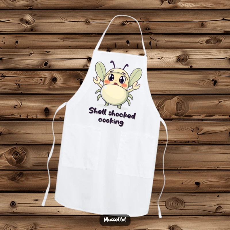 Funny apron depicting a shocked mussel with big eyes, watching a tiny waving crab, a humorous and practical kitchen accessory.