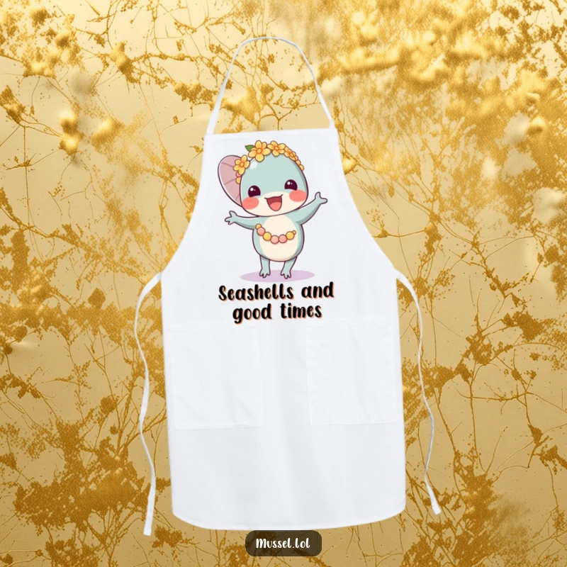 Funny Mussel Lei Dancer Apron featuring a joyful mussel character in a flower lei, dancing while protecting your clothes.