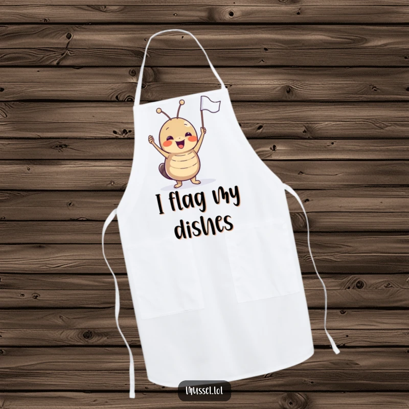 Funny joyful mussel character excitedly waving a tiny flag, a practical and humorous apron.