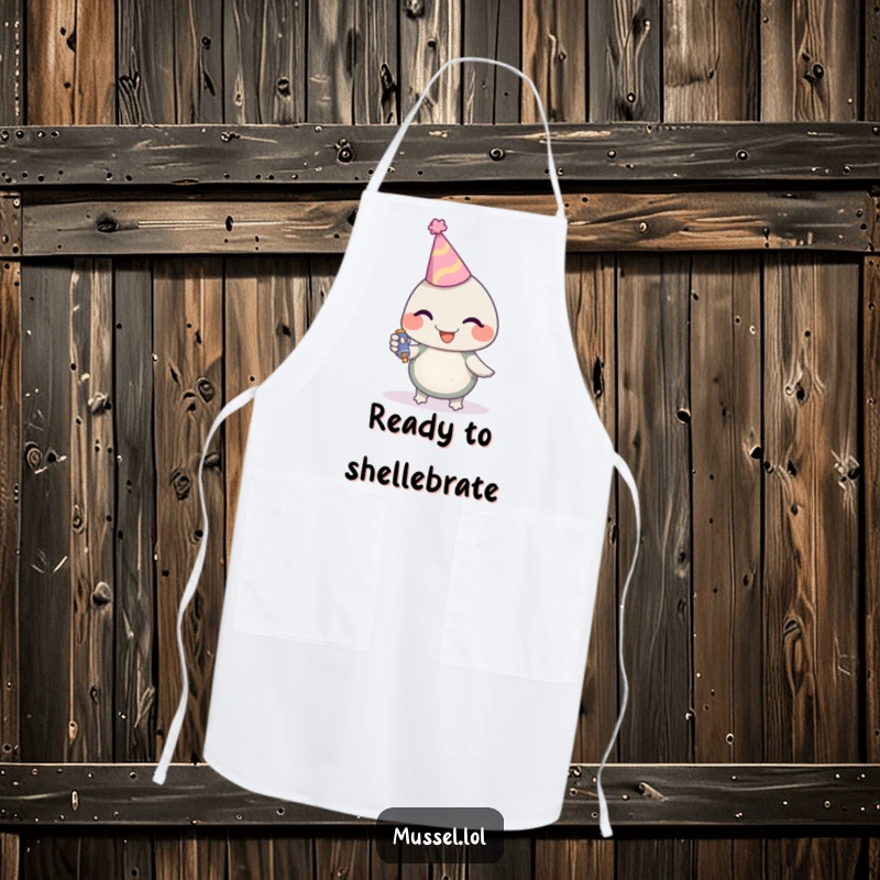 Funny Mussel Apron with a party-ready mussel character wearing a hat and holding a noisemaker, making cooking a celebration, a great funny gift.