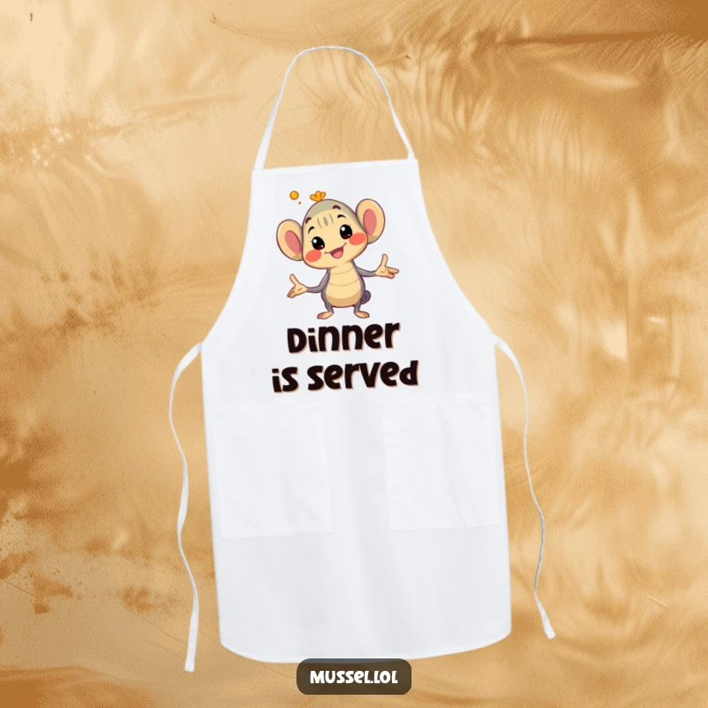 Funny mussel apron with a character striking an exaggerated, show-stopping pose, adding humor and style to cooking.