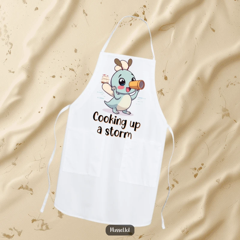 Funny Mussel Apron: A mussel in chef attire uses a spyglass, ready to embark on a culinary journey, a humorous kitchen accessory.