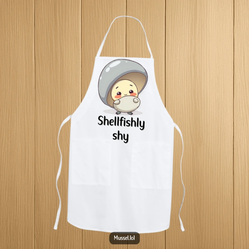 Funny shy mussel character peeking from behind a bigger mussel, depicted on a kitchen apron for humorous cooking.
