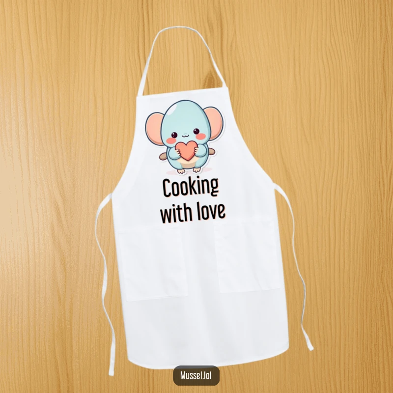 Funny Mussel Apron: A shy mussel offering a heart on an apron, adding sweetness and humor to kitchen tasks.