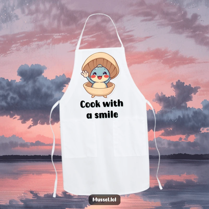 Funny apron showcasing a smiling mussel character waving from its open shell, ideal for happy chefs.