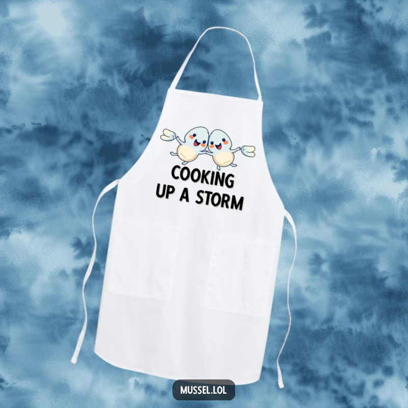 Funny Mussels Apron with two mussels performing a synchronized swim, adding humorous flair to kitchen duties, a great funny gift.