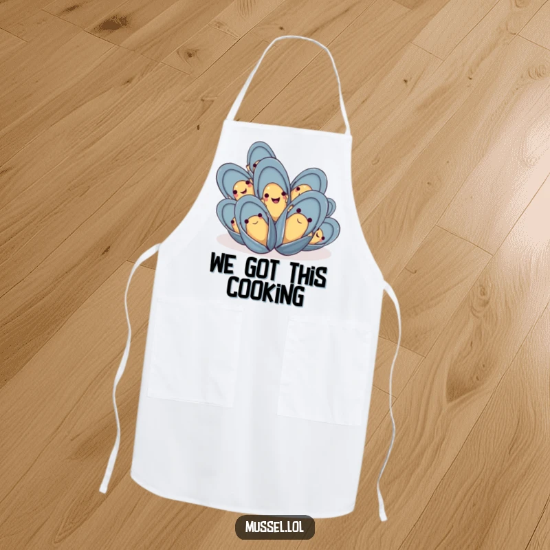 Funny mussel apron with a group of happy mussels waving their tiny hands, ideal for kitchen fun.