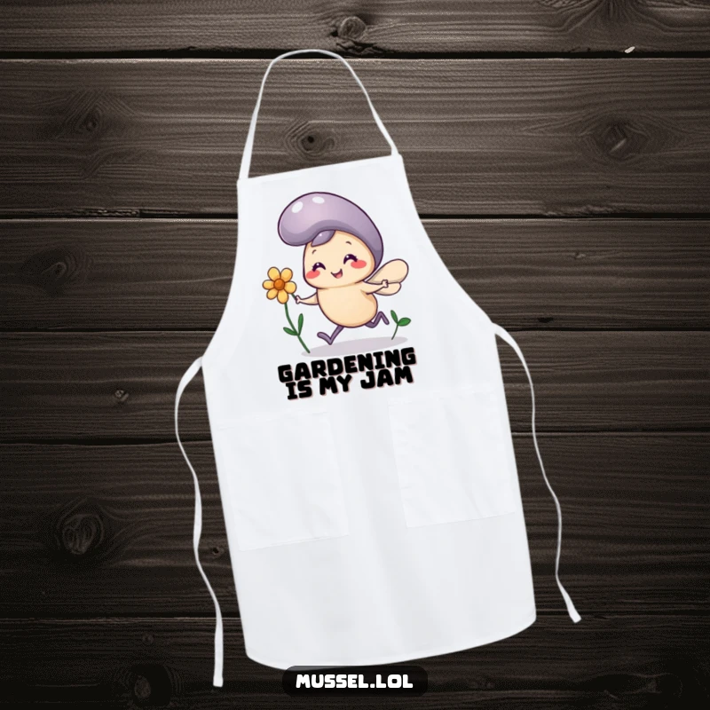 Funny Mussel Flower Apron: A mussel character with comically tiny legs runs joyfully holding a flower, humorous kitchen attire.