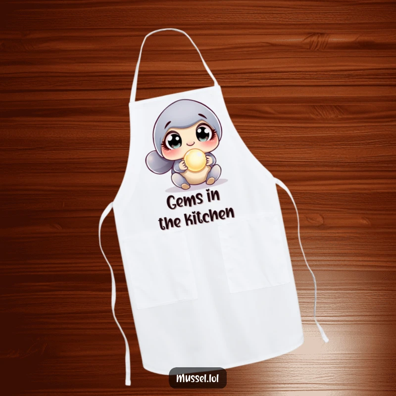 Funny Surprised Mussel Apron illustrating a mussel's comically wide-eyed reaction to finding a valuable pearl, perfect for adding fun to cooking.