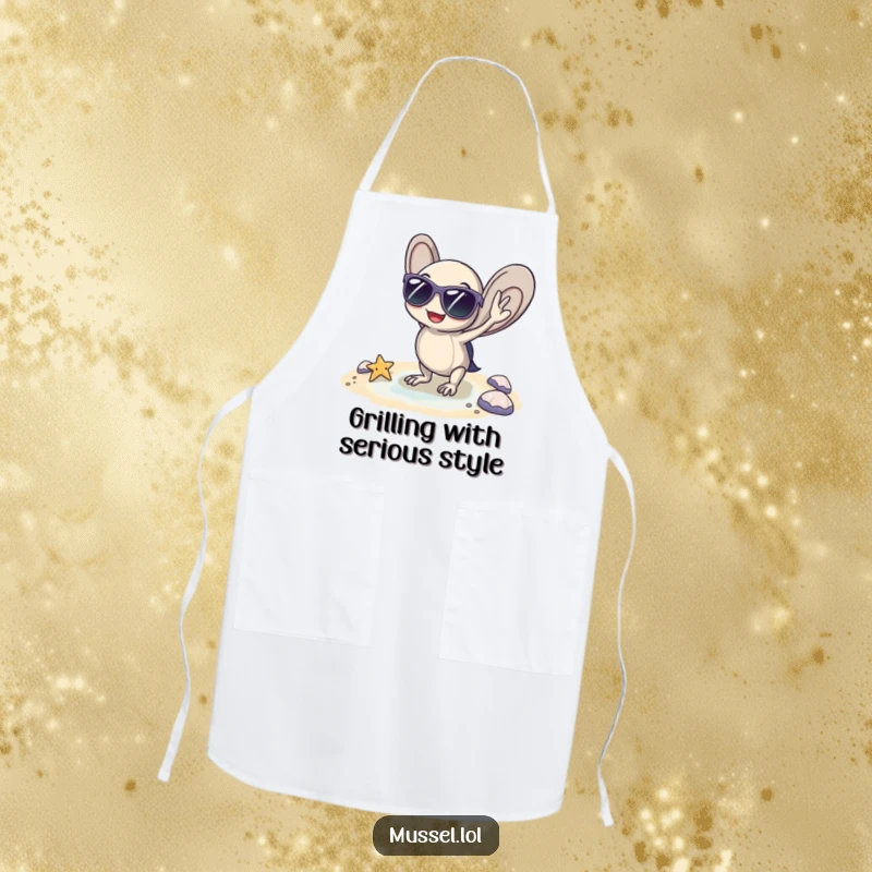 Funny apron featuring a mussel with sunglasses, posing coolly by a tiny beach, perfect for beach BBQs, a funny gift.