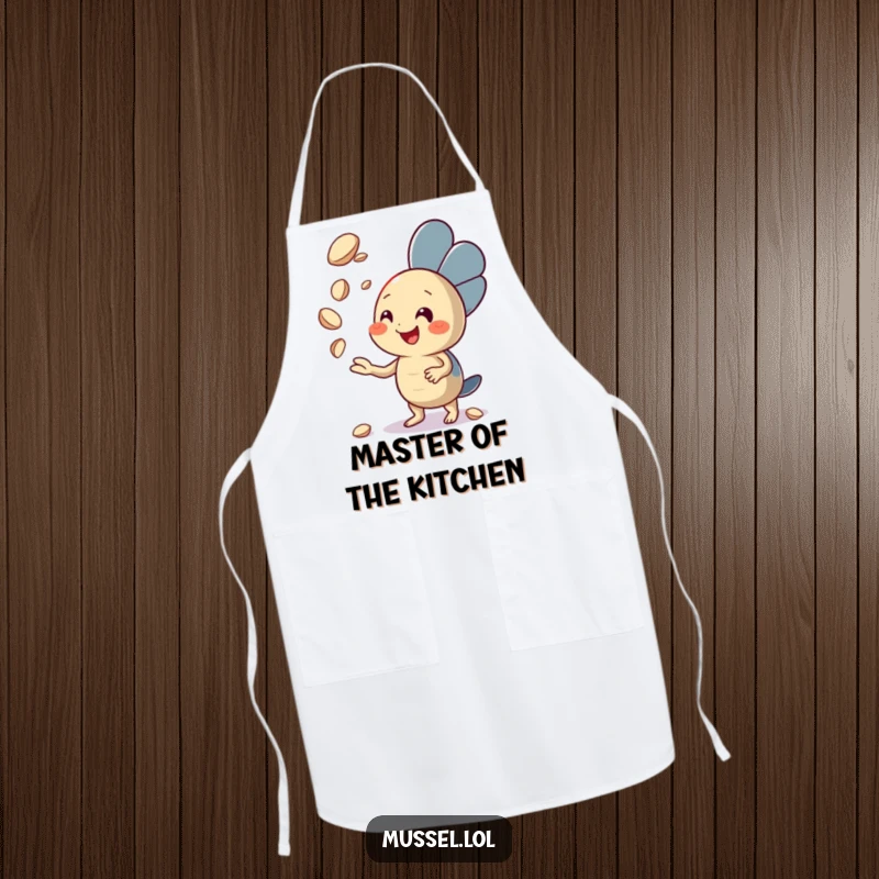 Funny Mussel Apron with an enthusiastic mussel character juggling seashells, making kitchen duties a performance, a great funny gift.