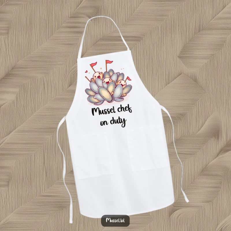 Funny Mussel Chef Apron: A mussel character doing a silly, energetic dance, bringing hilarious humor to the kitchen.