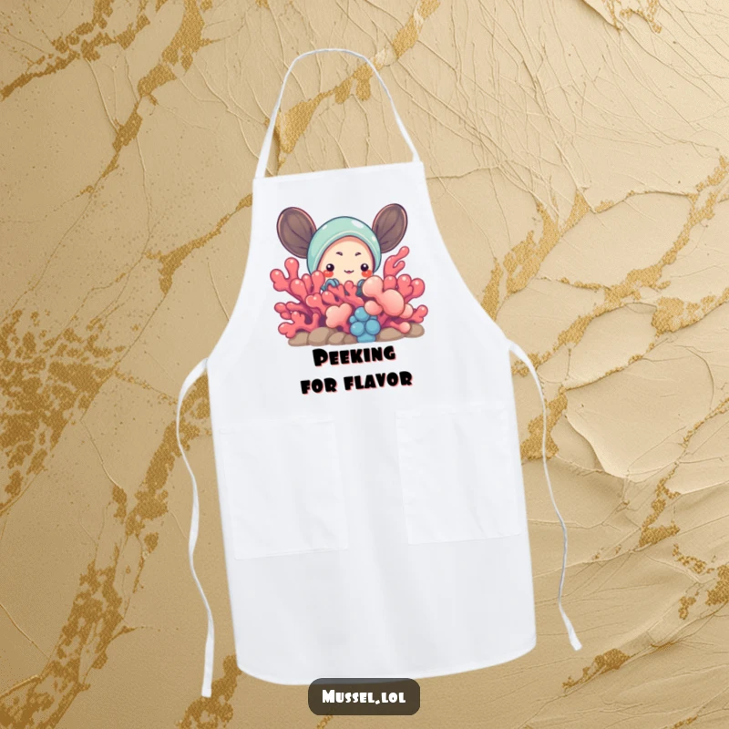 Funny Mussel Apron: Humorous mussel character peeking from behind vibrant coral, designed for the kitchen with a touch of playful curiosity.