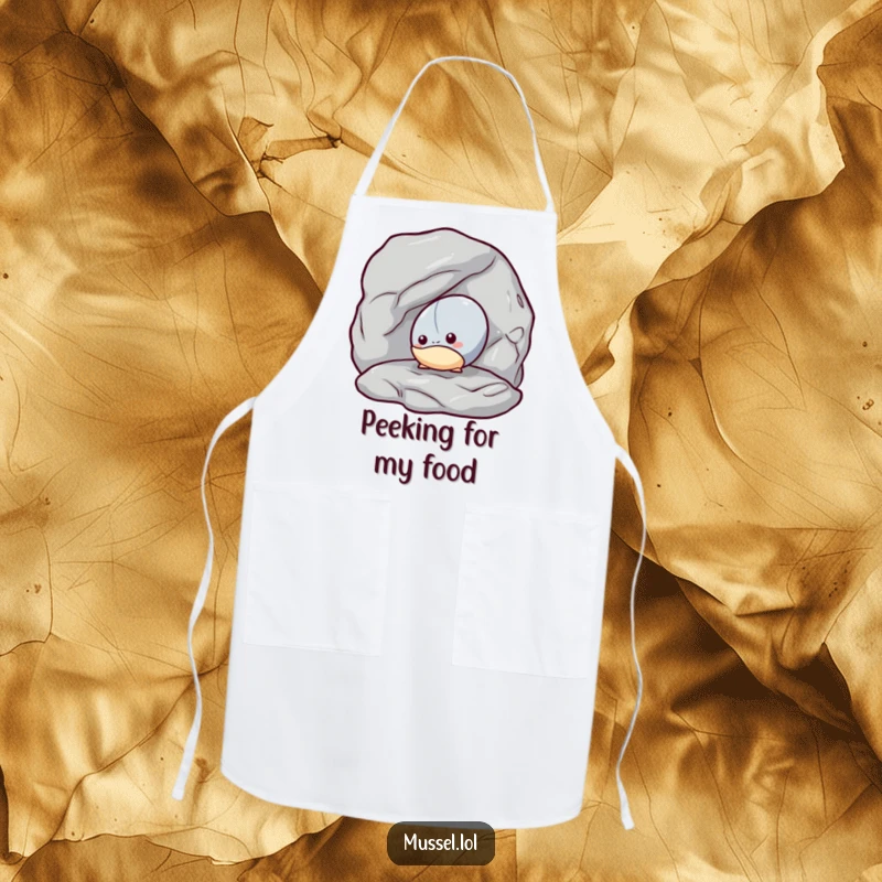 Funny Mussel Kitchen Apron: A shy mussel peeking out from behind a rock, bringing endearing and humorous charm to cooking.