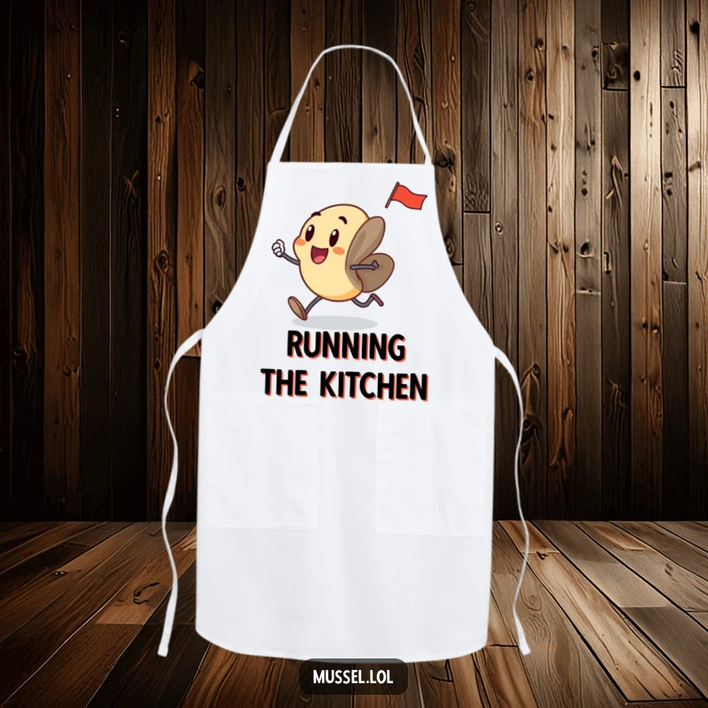 Funny mussel with little legs, running with a flag, looking excited, on a durable apron for kitchen or crafting fun.