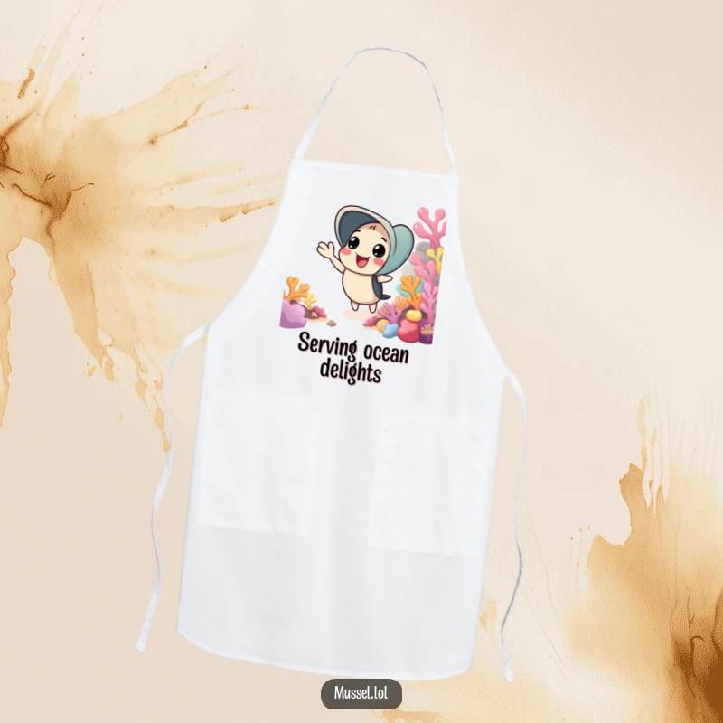 Funny apron with a mussel giving a cheerful wave from a colorful coral reef, perfect for a happy cooking experience.