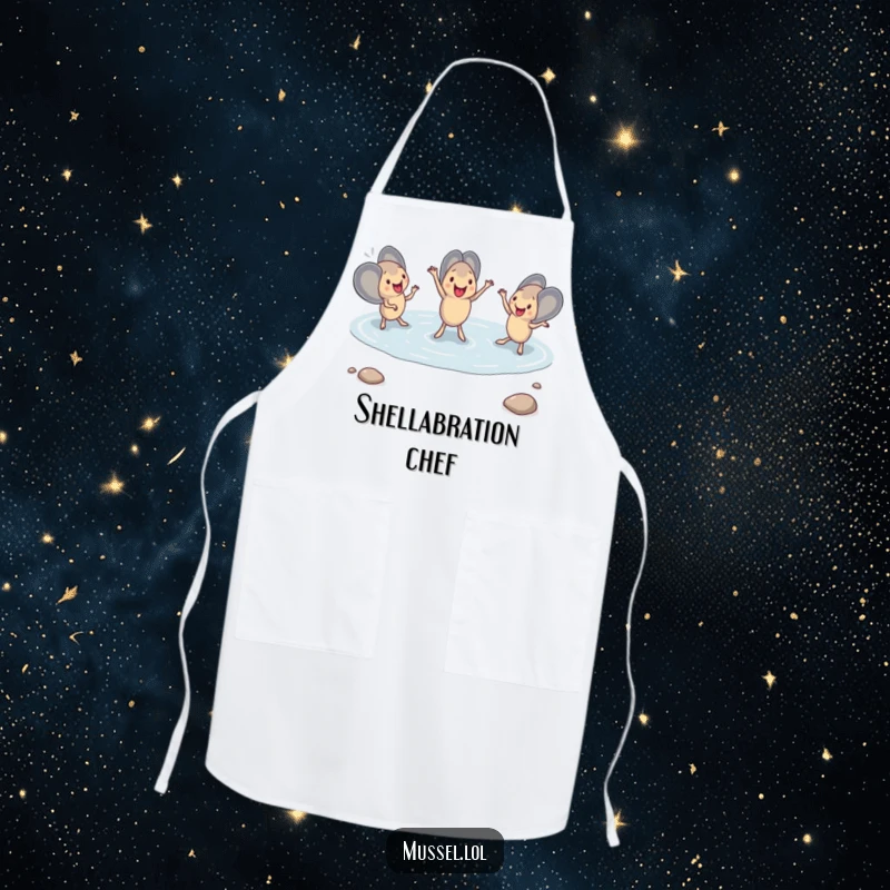 Funny Mussel Dance Apron showing mussels engaged in a synchronized dance routine in a tide pool, perfect for adding fun to cooking and baking.