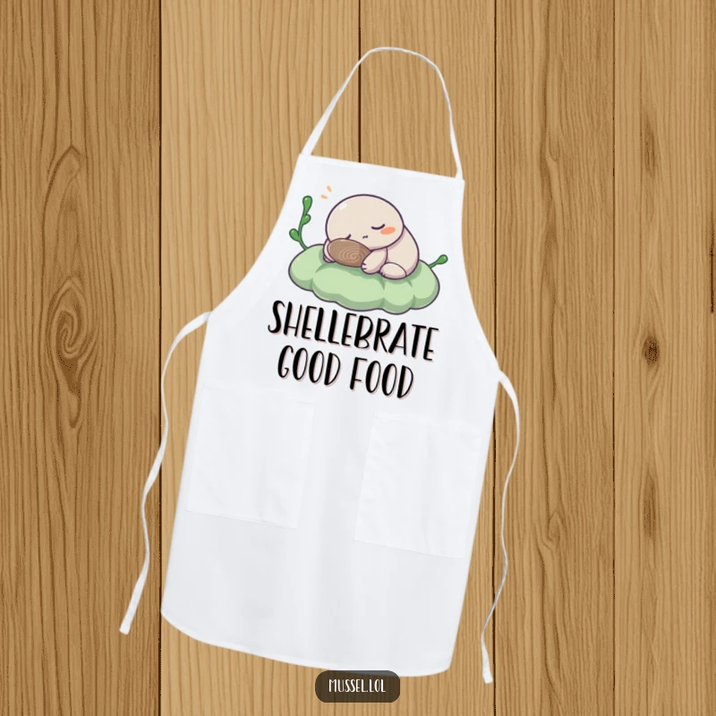 Funny Mussel Apron: A humorous mussel character taking a nap on seaweed, designed for the kitchen with a touch of sleepy charm.