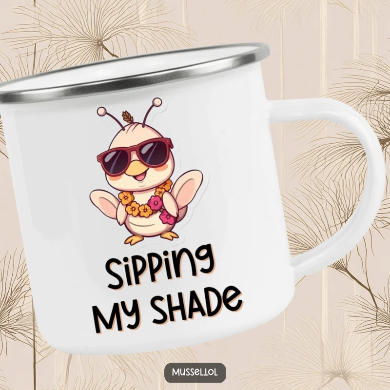 Funny Kawaii Mussel Camping Mug: A durable mug with a mussel wearing sunglasses and a lei, exuding hilarious tropical relaxation for outdoor fun.