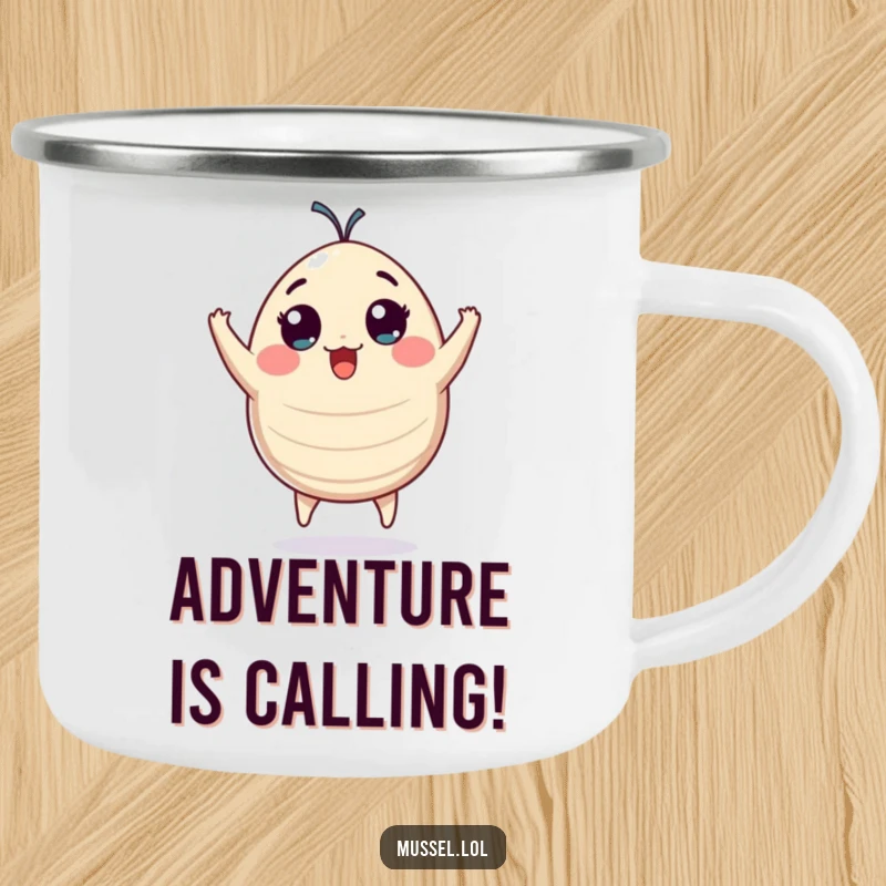Funny plump mussel character with wide eyes jumping with pure excitement, a sturdy and humorous camping mug.