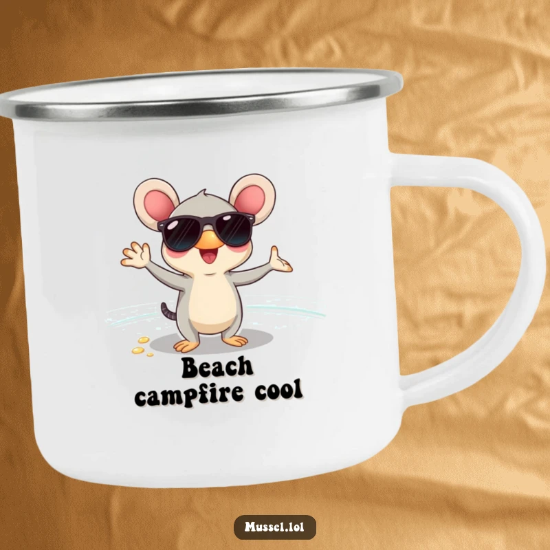Funny mussel wearing sunglasses, posing coolly on a beach, on a sturdy camping mug, for cool adventurers.