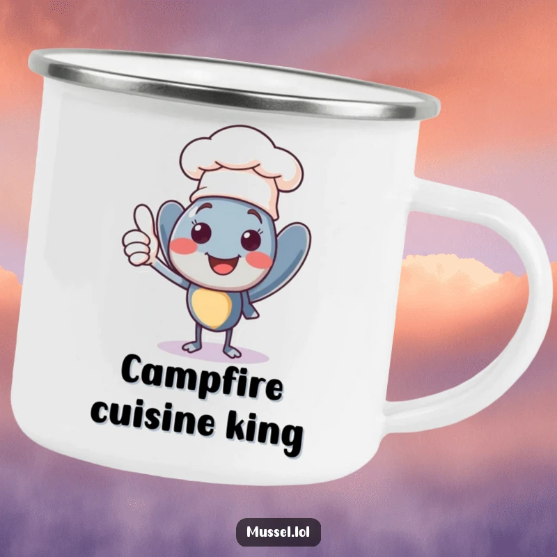 Funny smiling mussel character wearing a tiny chef hat, giving a confident thumbs up, a durable and humorous camping mug.