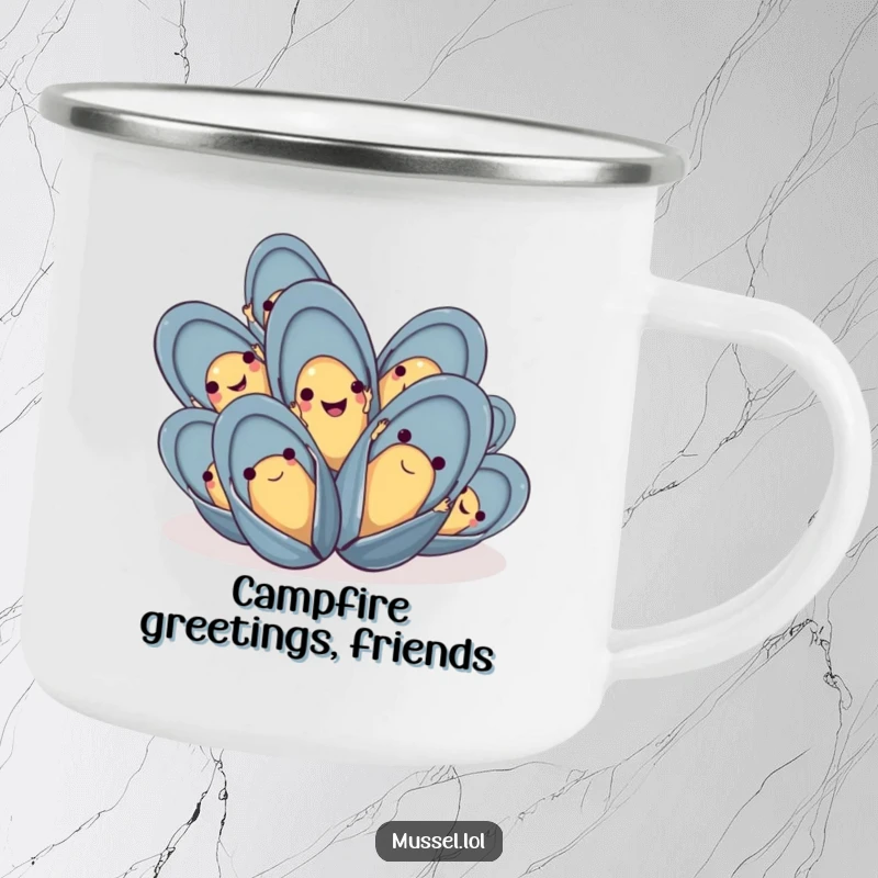 Funny mussel camping mug with a group of happy mussels waving their tiny hands, designed for outdoor cheer.