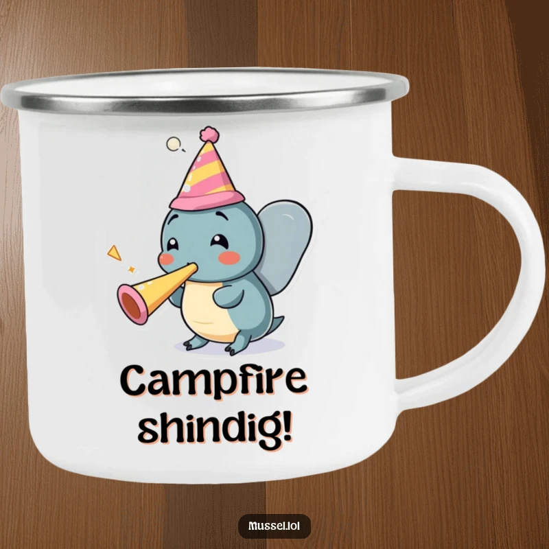 Funny Mussel Party Camping Mug: A joyful mussel character in a party hat blows a party horn, a durable outdoor cup.