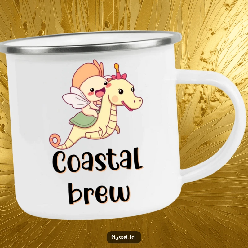 Funny mussel character riding a seahorse camping mug, ready for outdoor adventures.