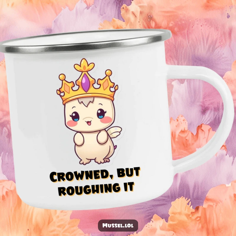 Funny Mussel Camping Mug with a tiny crown, perfect for royal-themed outdoor sipping and humorous adventures.