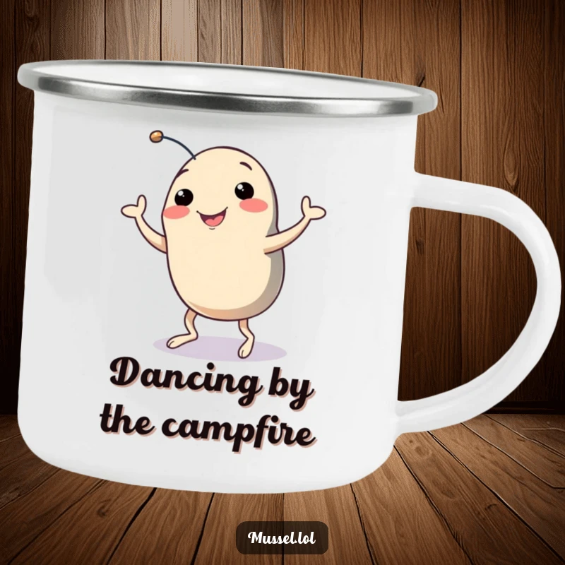 Funny Mussel Camping Mug: A smiling mussel with legs dancing on a durable mug, ideal for humorous outdoor adventures.