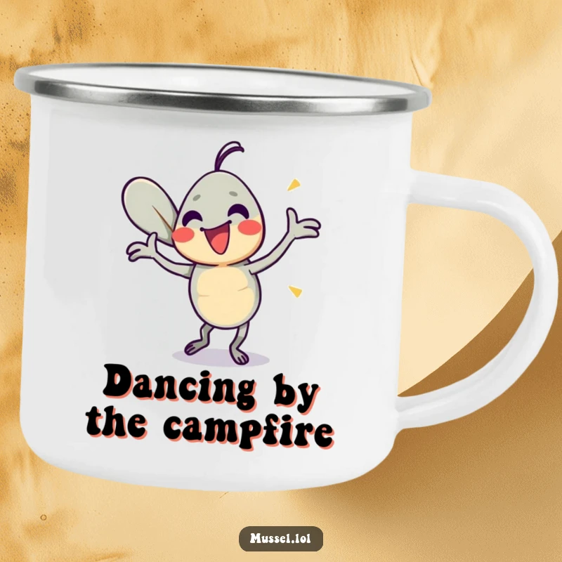 Funny Mussel Camp Mug: A mussel character energetically dancing with its shells, bringing humorous vibes to the outdoors.