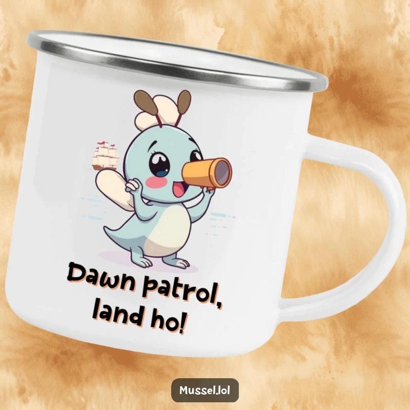 Funny Mussel Camping Mug: A sturdy mug featuring a mussel with a spyglass, ready for any outdoor expedition, a perfect funny gift.