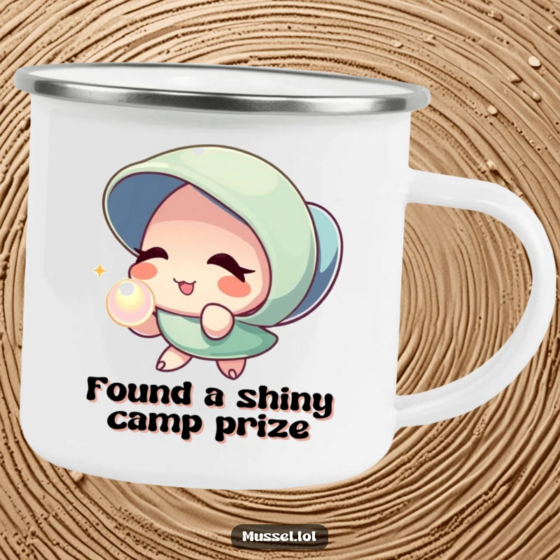 Funny Mussel Pearl Wink Camping Mug: A sturdy mug showing a mussel character winking and offering a pearl, perfect for outdoor beverages.