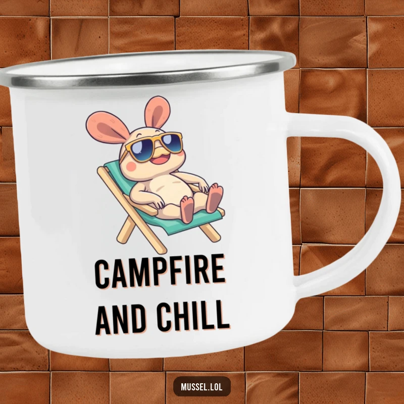 Funny Mussel Camping Mug with a mussel character in sunglasses on a beach chair, perfect for cheerful outdoor drinks, a fantastic funny gift.