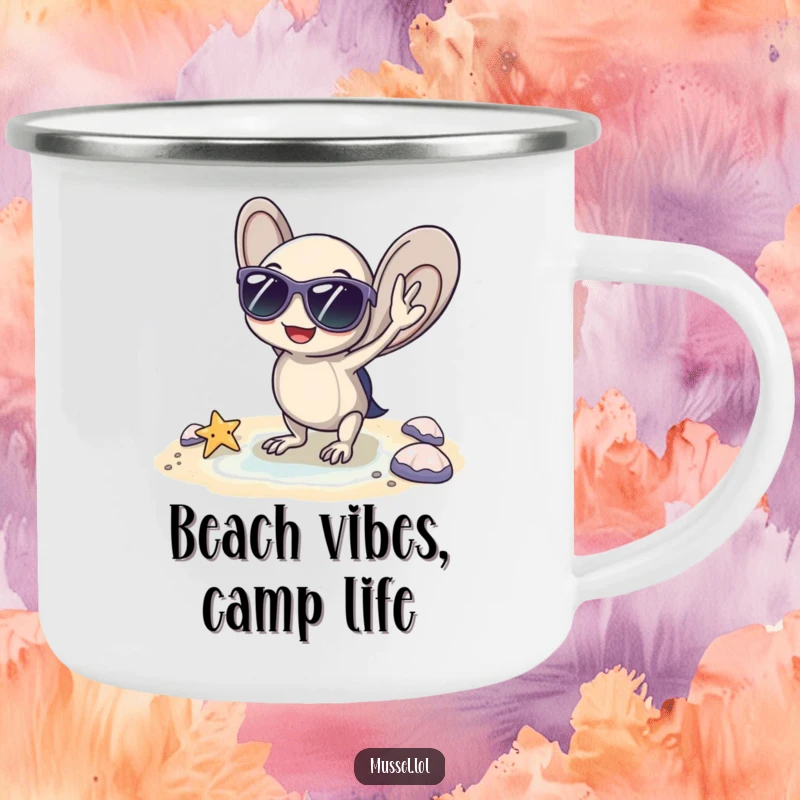 Funny camping mug featuring a mussel with sunglasses, posing coolly by a tiny beach, perfect for outdoor drinks, a funny gift.