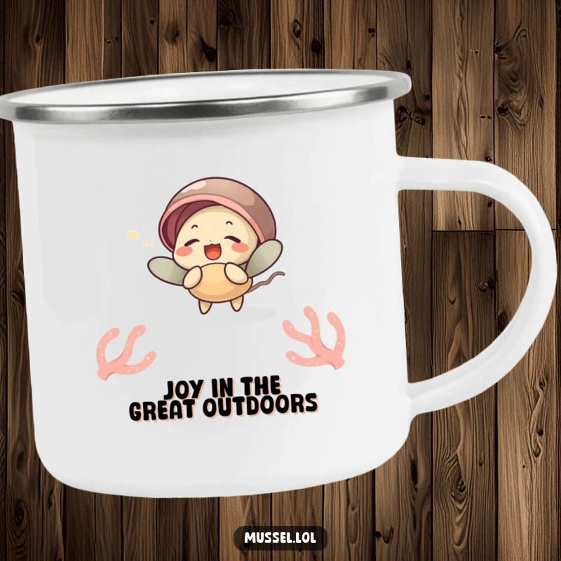Funny camping mug featuring a mussel character giggling while tickled by a sea anemone, perfect for outdoor drinks, a funny gift.