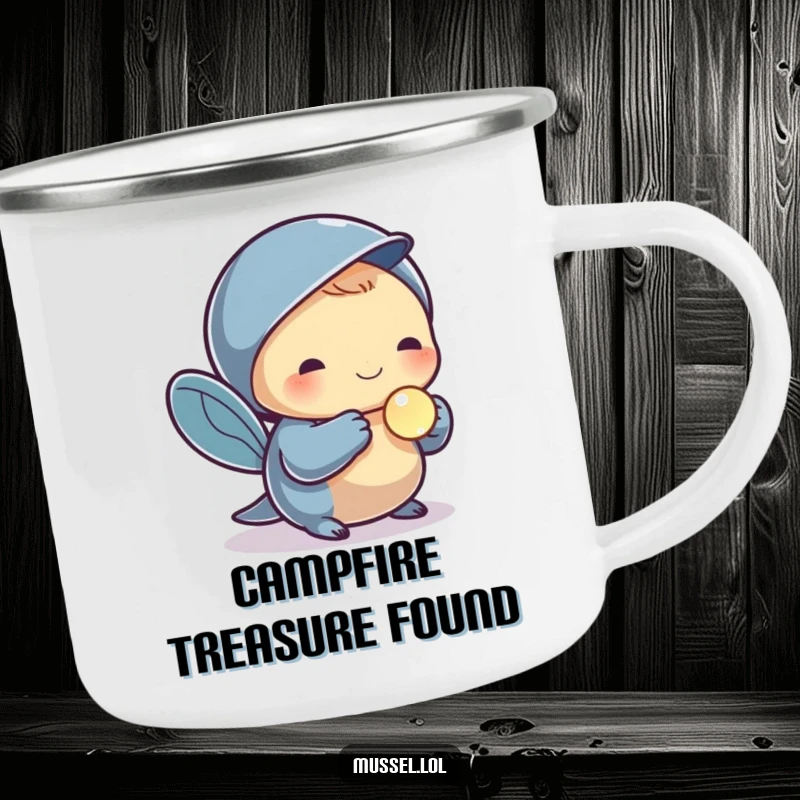 Funny camping mug with a mussel character holding a small, shiny pearl, ideal for elegant outdoor humor and treasured moments.